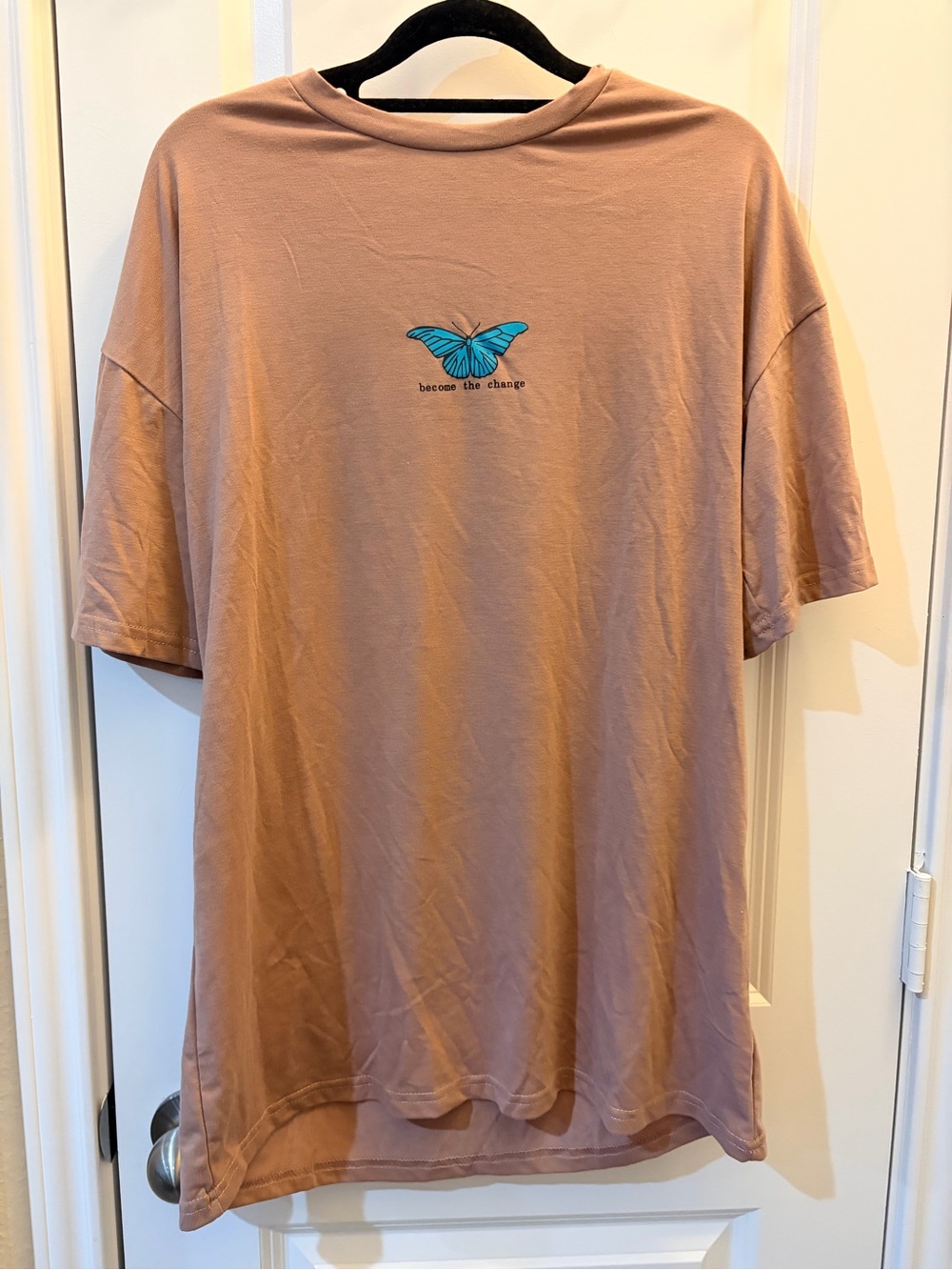 SHEIN Taupe Short-Sleeve Tee with Teal Butterfly Become The Change Size XS